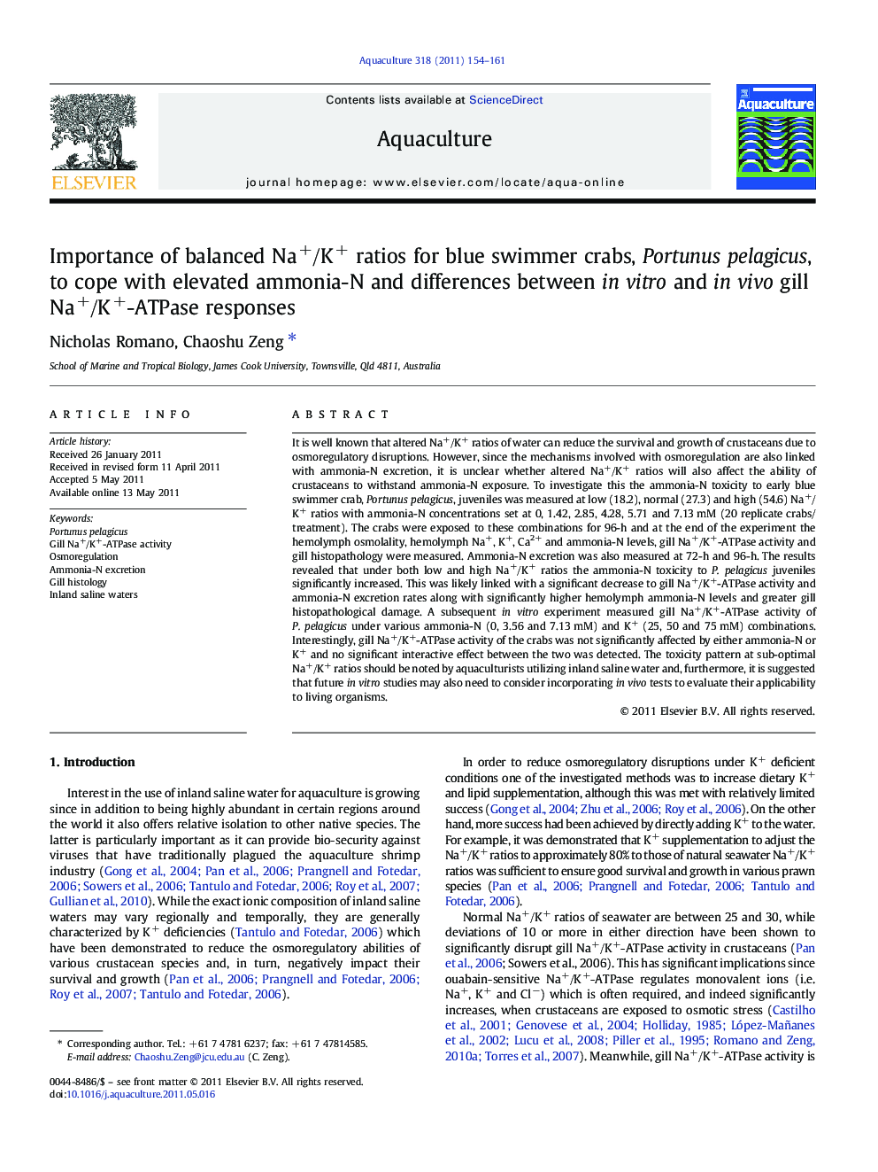 Importance of balanced Na+/K+ ratios for blue swimmer crabs, Portunus pelagicus, to cope with elevated ammonia-N and differences between in vitro and in vivo gill Na+/K+-ATPase responses