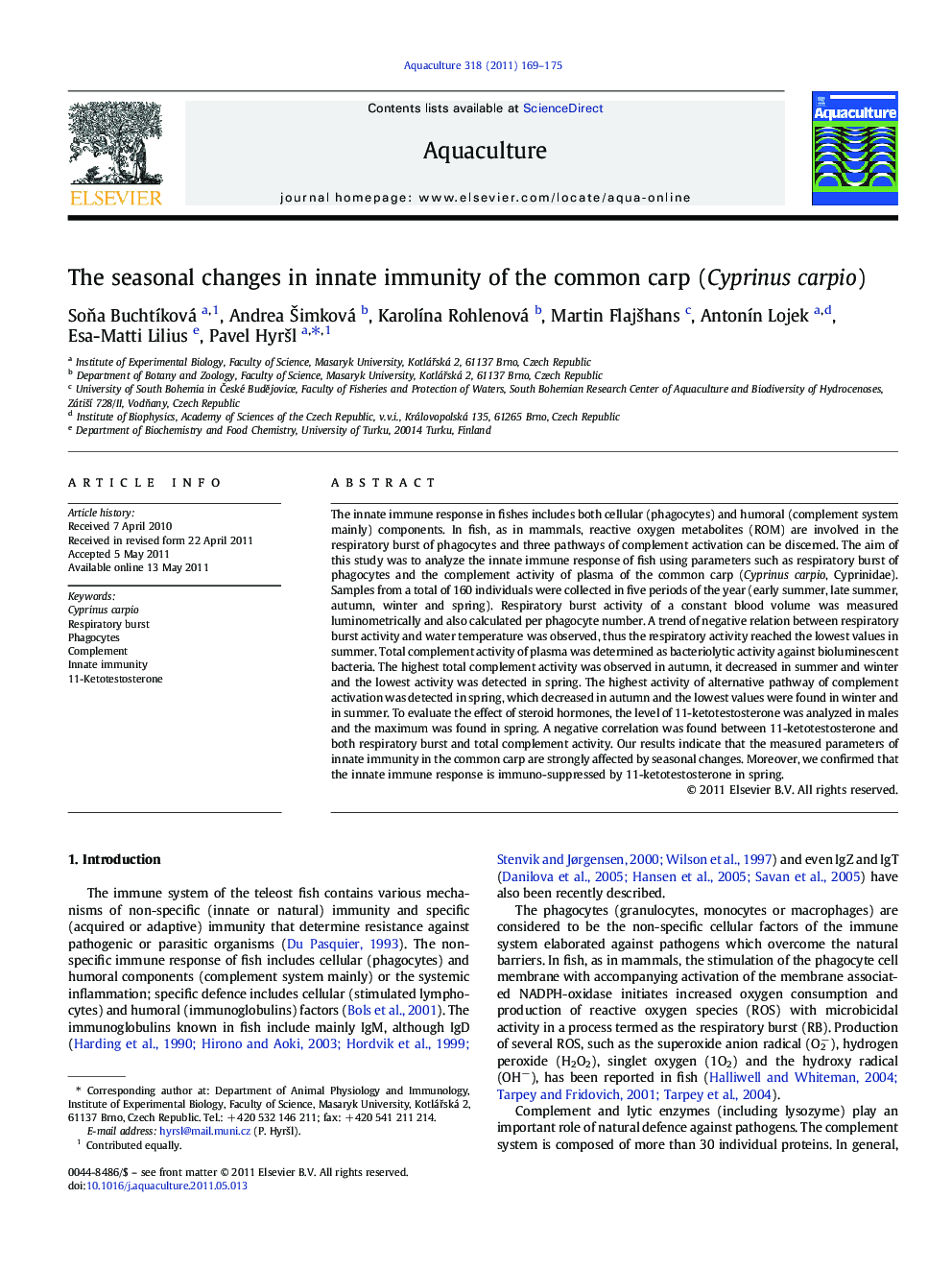 The seasonal changes in innate immunity of the common carp (Cyprinus carpio)