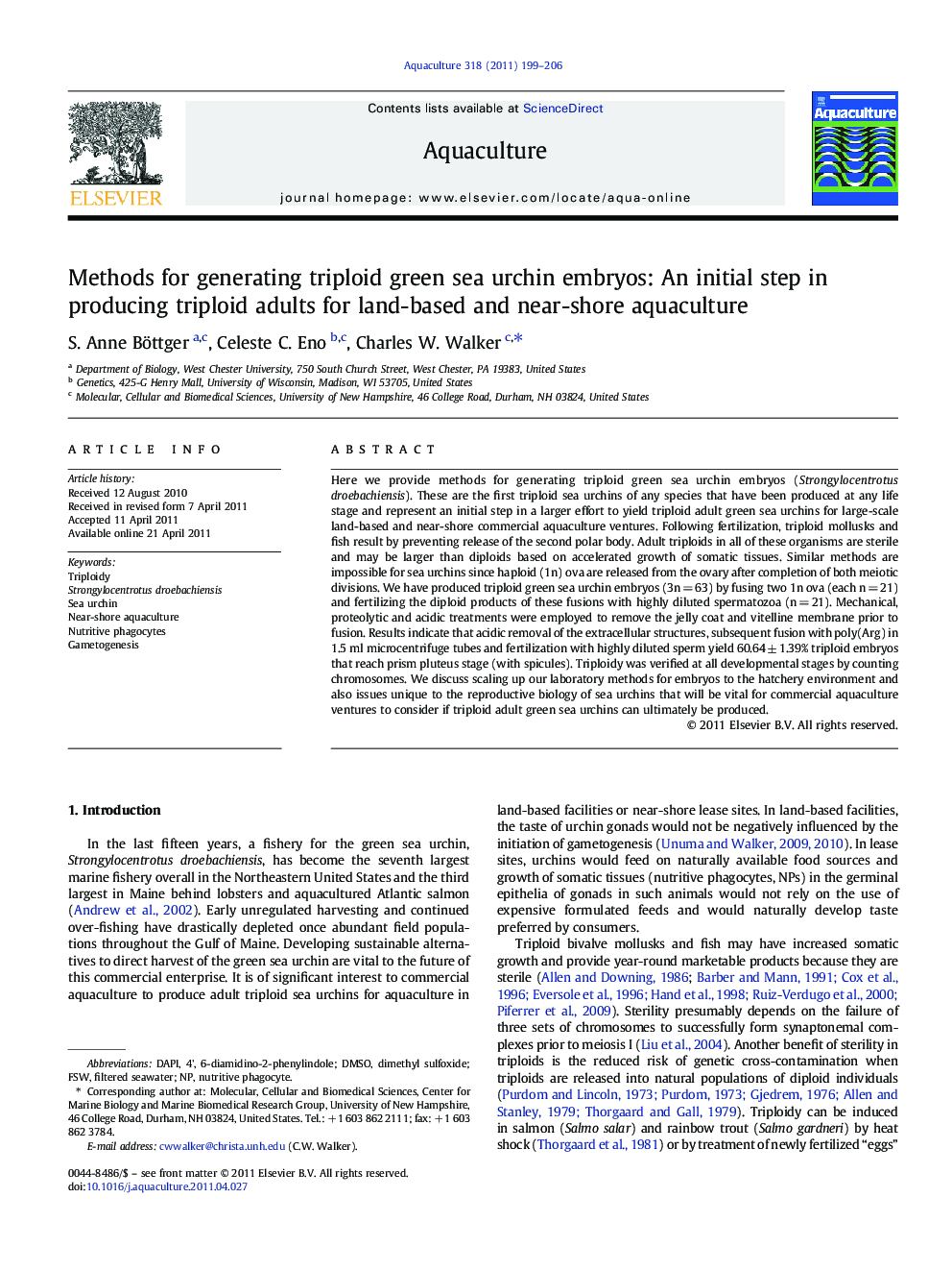 Methods for generating triploid green sea urchin embryos: An initial step in producing triploid adults for land-based and near-shore aquaculture