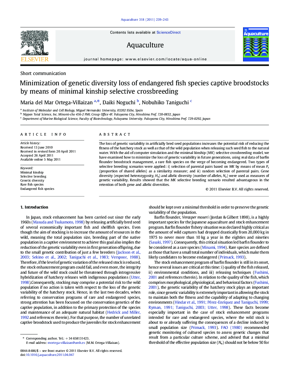 Minimization of genetic diversity loss of endangered fish species captive broodstocks by means of minimal kinship selective crossbreeding