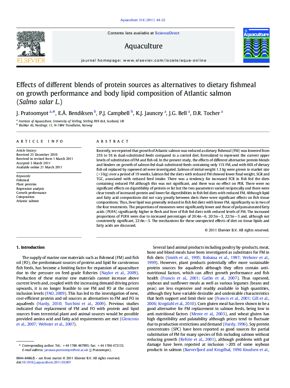 Effects of different blends of protein sources as alternatives to dietary fishmeal on growth performance and body lipid composition of Atlantic salmon (Salmo salar L.)