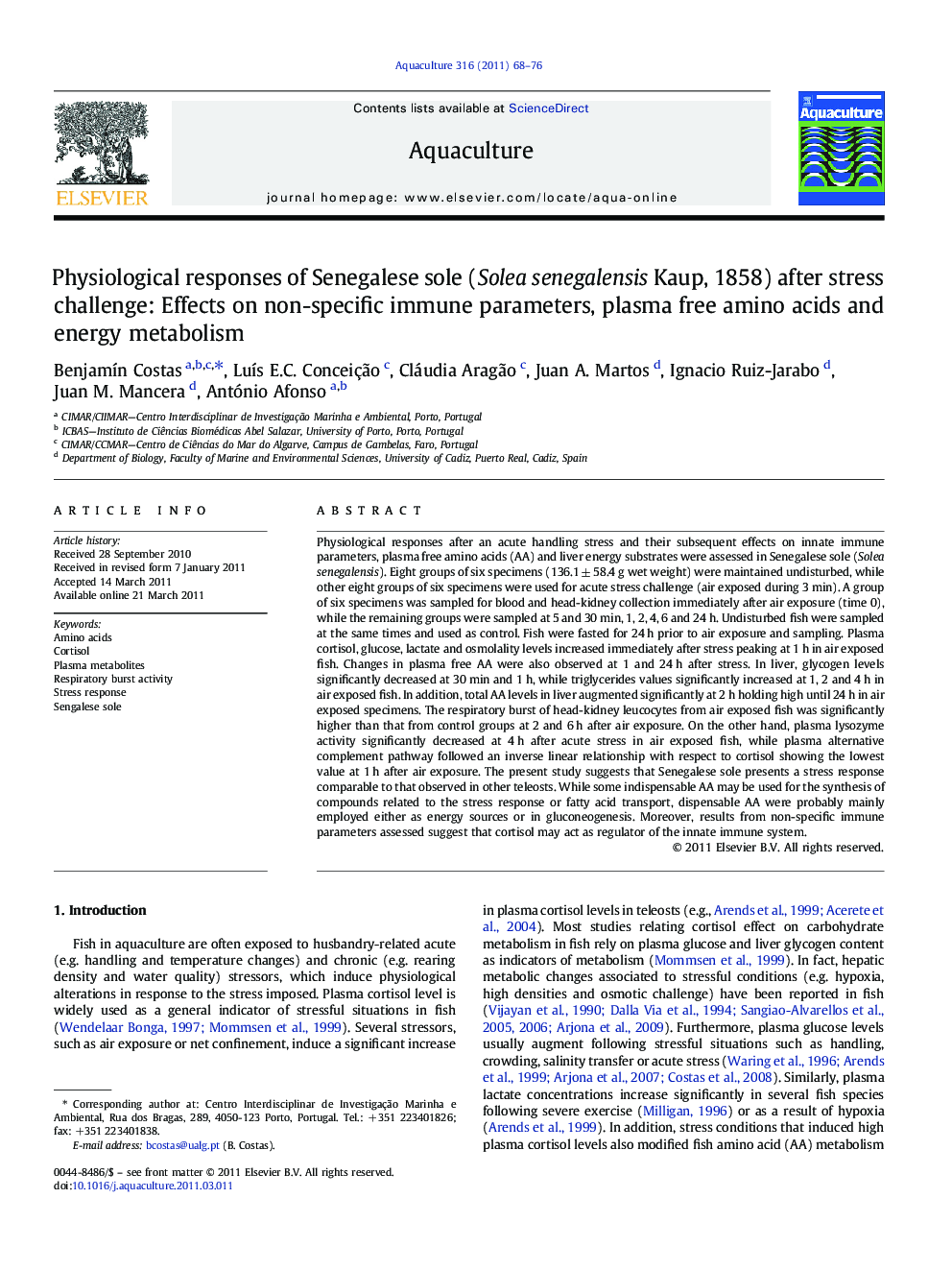 Physiological responses of Senegalese sole (Solea senegalensis Kaup, 1858) after stress challenge: Effects on non-specific immune parameters, plasma free amino acids and energy metabolism