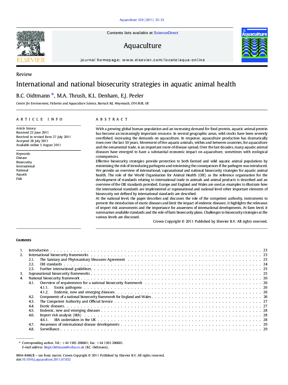 International and national biosecurity strategies in aquatic animal health