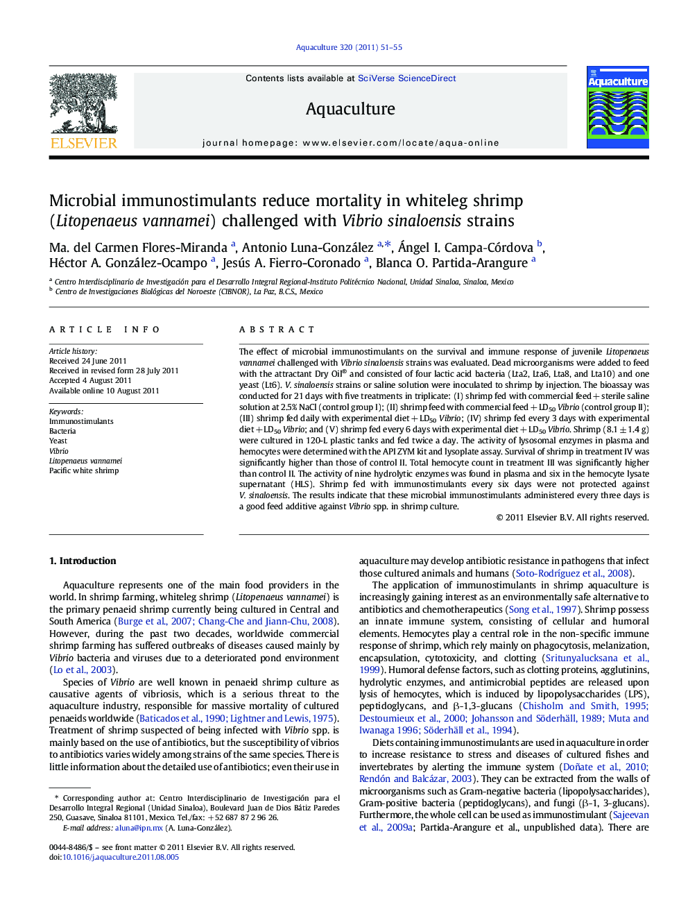 Microbial immunostimulants reduce mortality in whiteleg shrimp (Litopenaeus vannamei) challenged with Vibrio sinaloensis strains