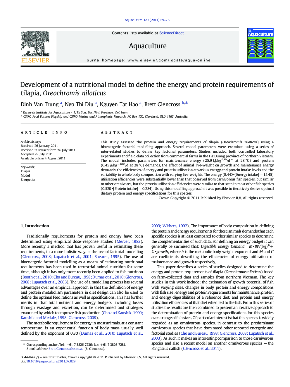 Development of a nutritional model to define the energy and protein requirements of tilapia, Oreochromis niloticus