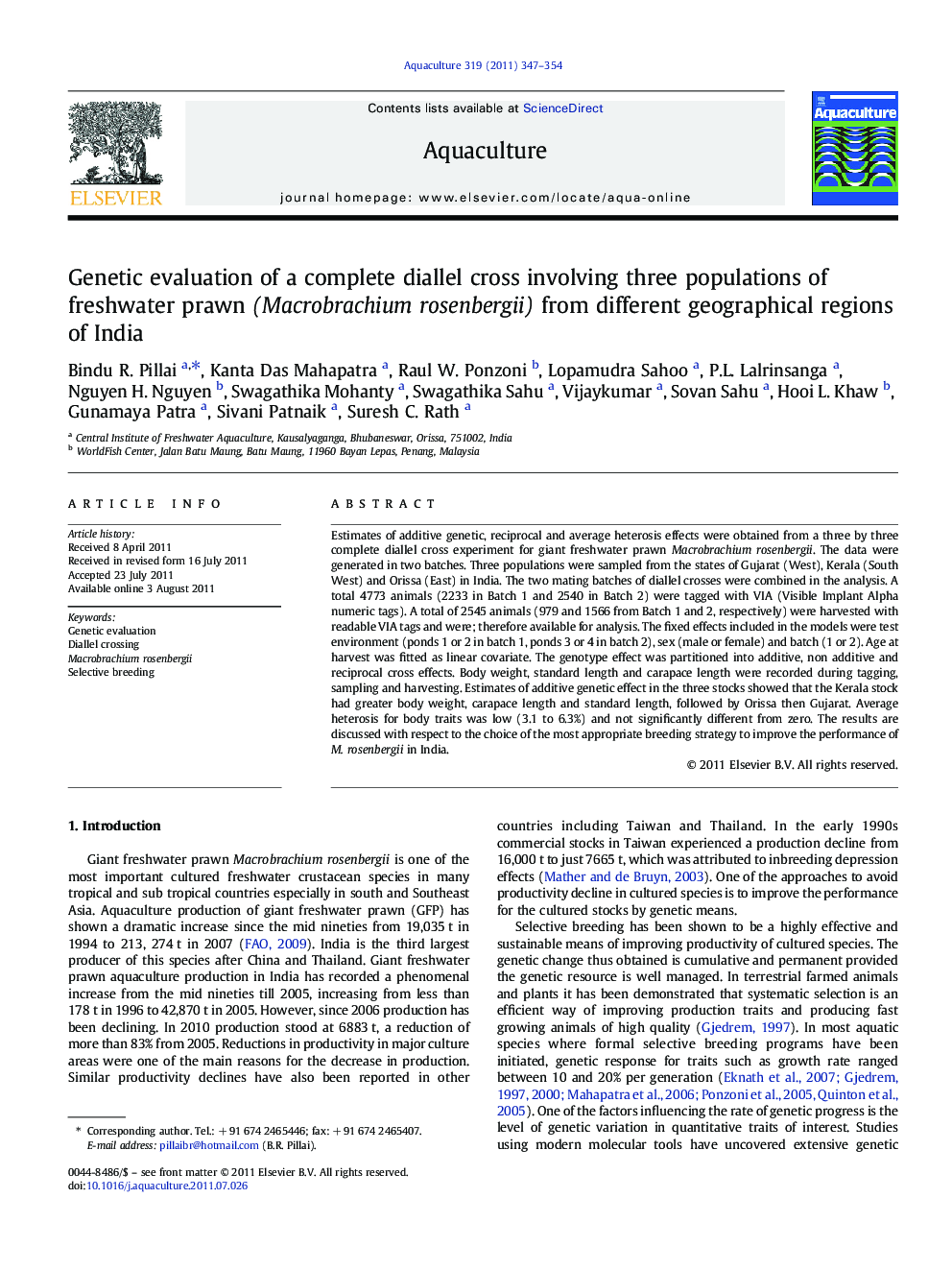 Genetic evaluation of a complete diallel cross involving three populations of freshwater prawn (Macrobrachium rosenbergii) from different geographical regions of India