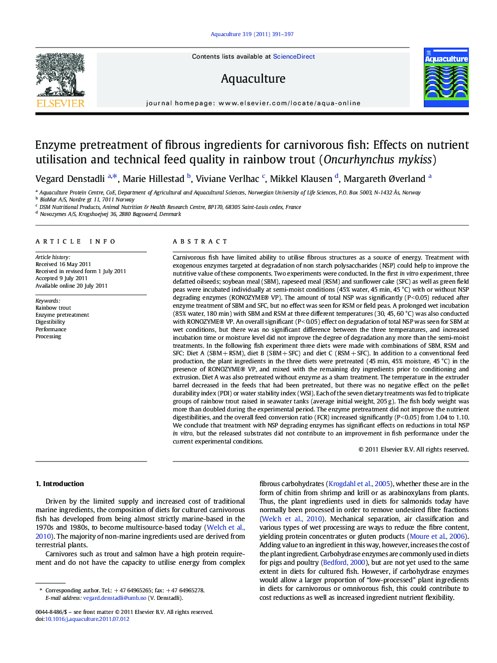 Enzyme pretreatment of fibrous ingredients for carnivorous fish: Effects on nutrient utilisation and technical feed quality in rainbow trout (Oncurhynchus mykiss)