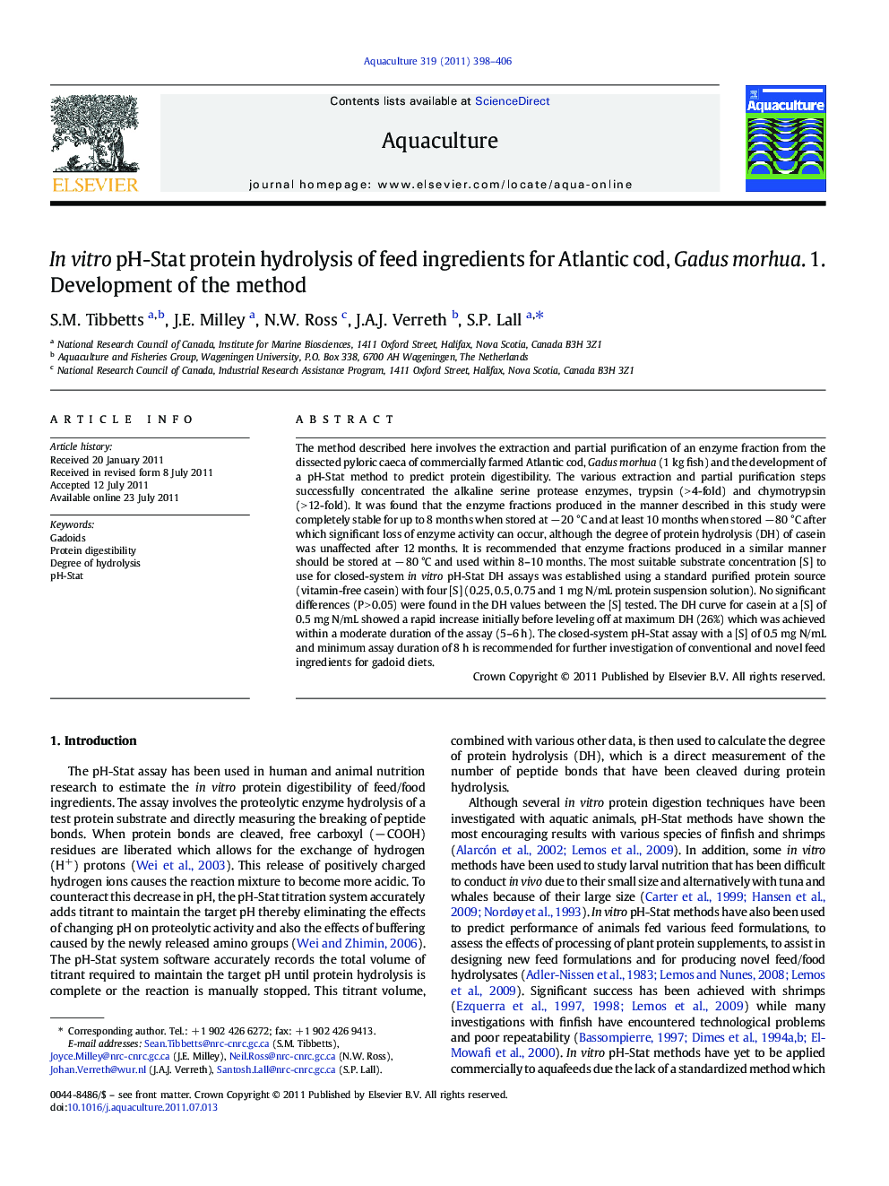 In vitro pH-Stat protein hydrolysis of feed ingredients for Atlantic cod, Gadus morhua. 1. Development of the method