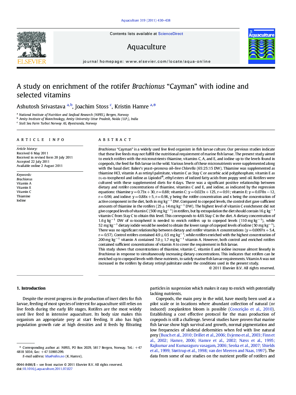 A study on enrichment of the rotifer Brachionus “Cayman” with iodine and selected vitamins