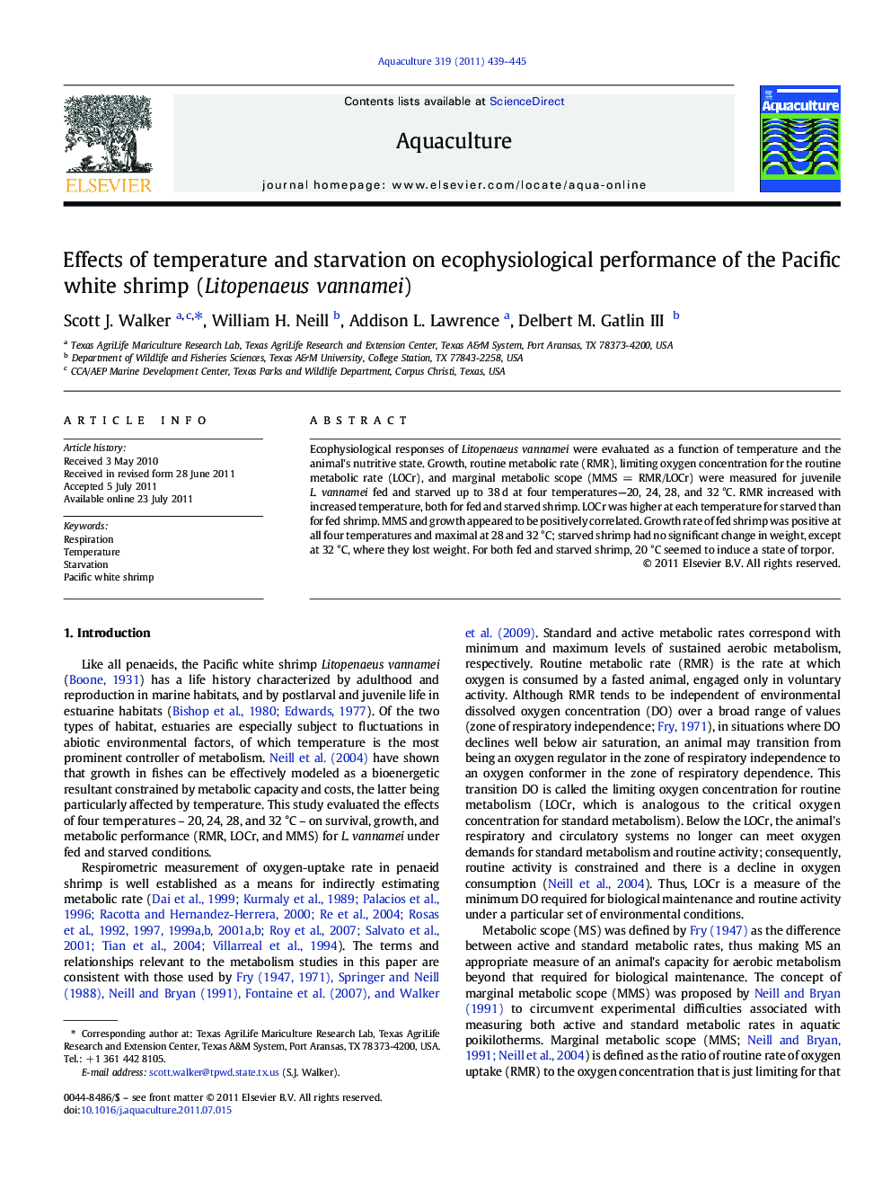 Effects of temperature and starvation on ecophysiological performance of the Pacific white shrimp (Litopenaeus vannamei)