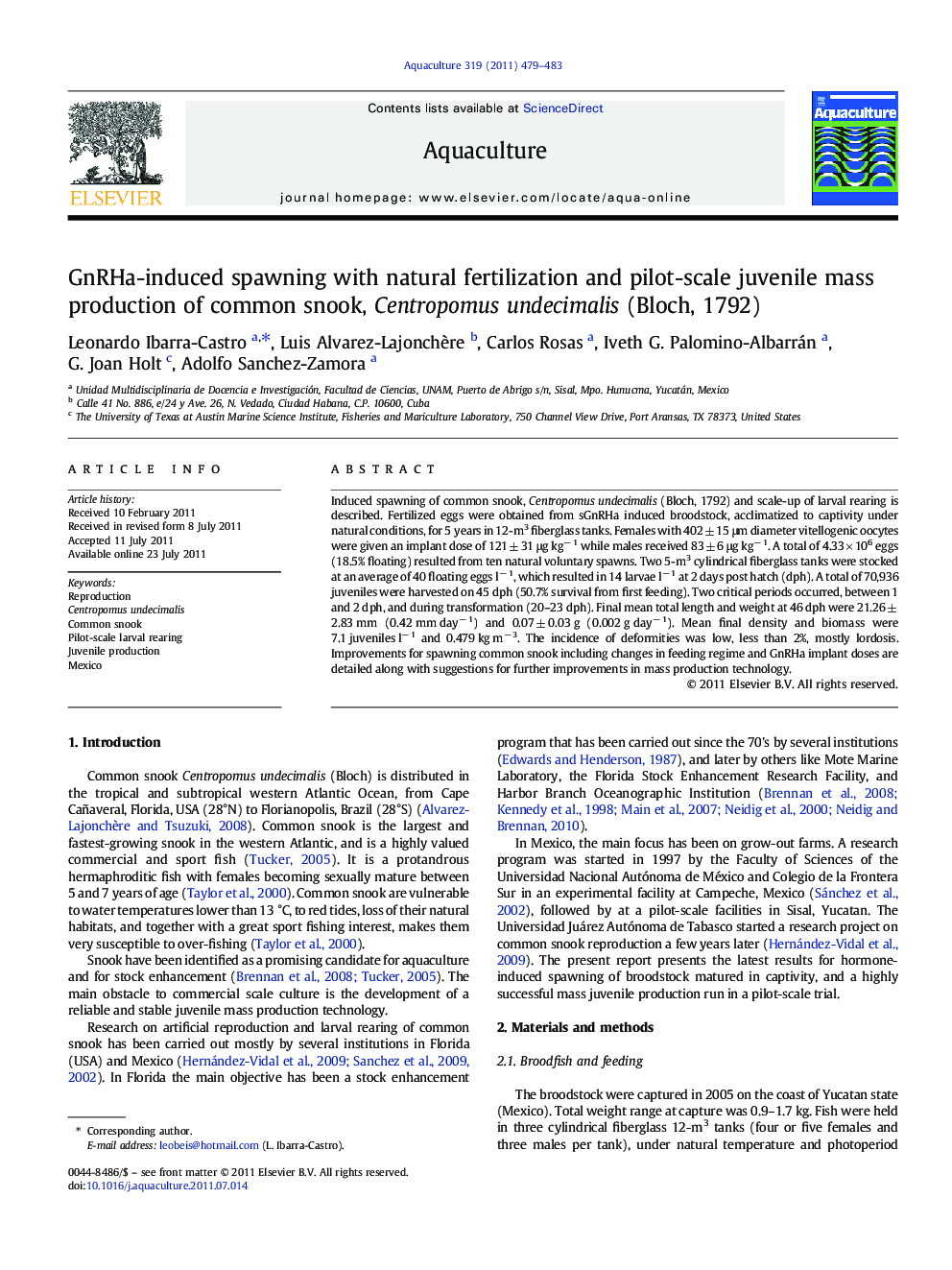 GnRHa-induced spawning with natural fertilization and pilot-scale juvenile mass production of common snook, Centropomus undecimalis (Bloch, 1792)