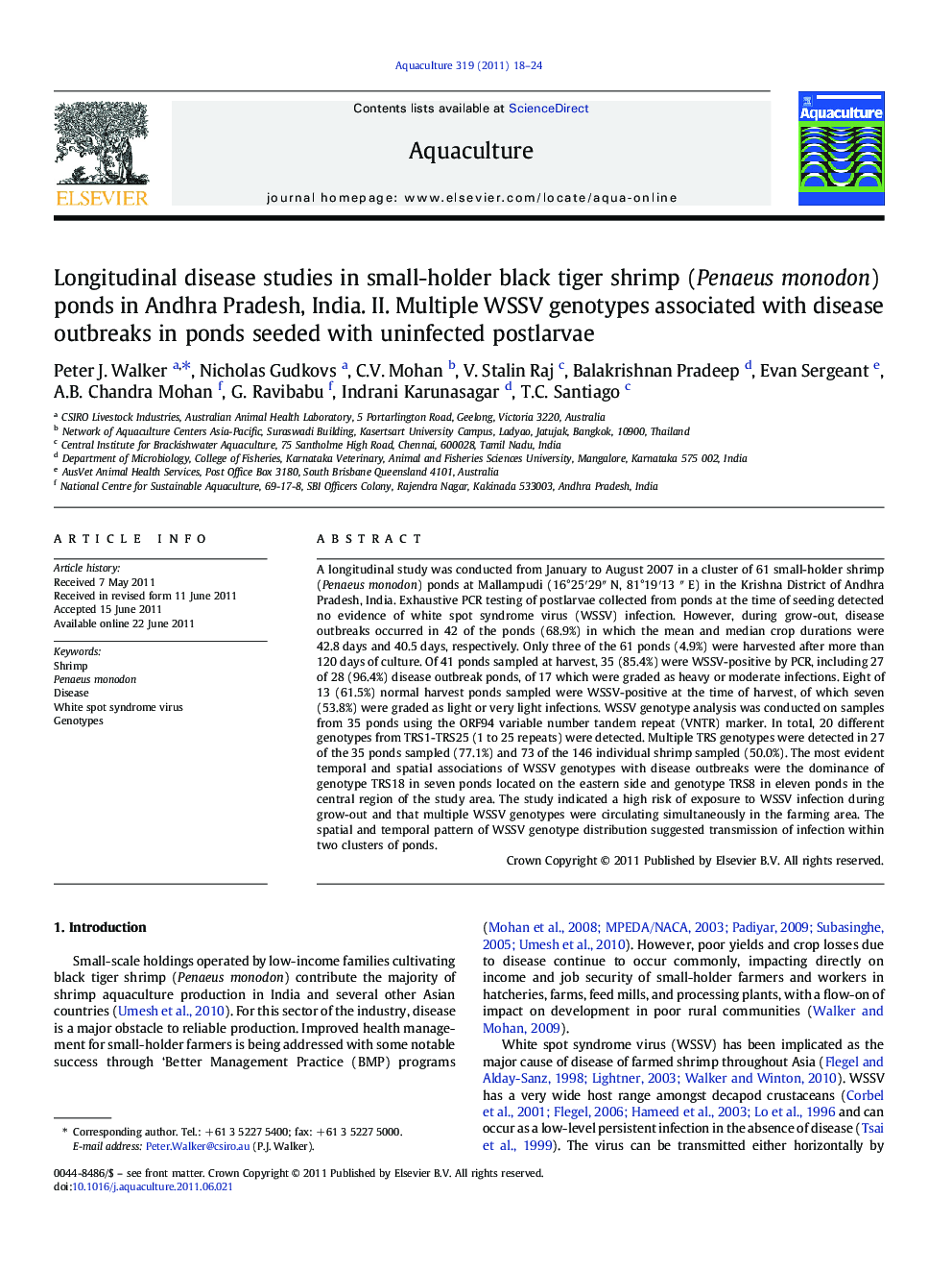 Longitudinal disease studies in small-holder black tiger shrimp (Penaeus monodon) ponds in Andhra Pradesh, India. II. Multiple WSSV genotypes associated with disease outbreaks in ponds seeded with uninfected postlarvae