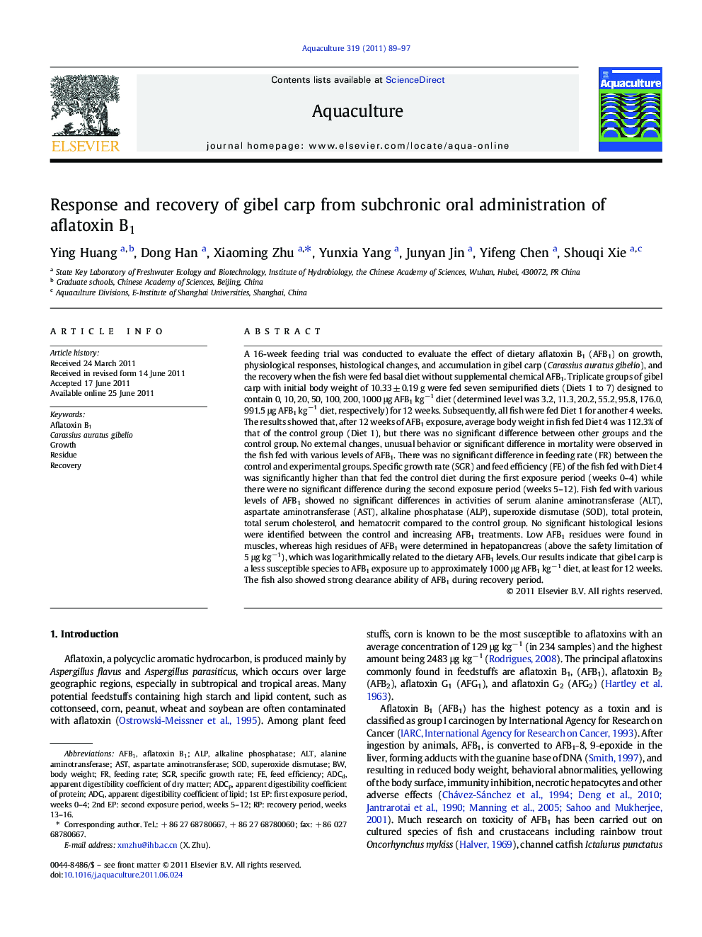Response and recovery of gibel carp from subchronic oral administration of aflatoxin B1