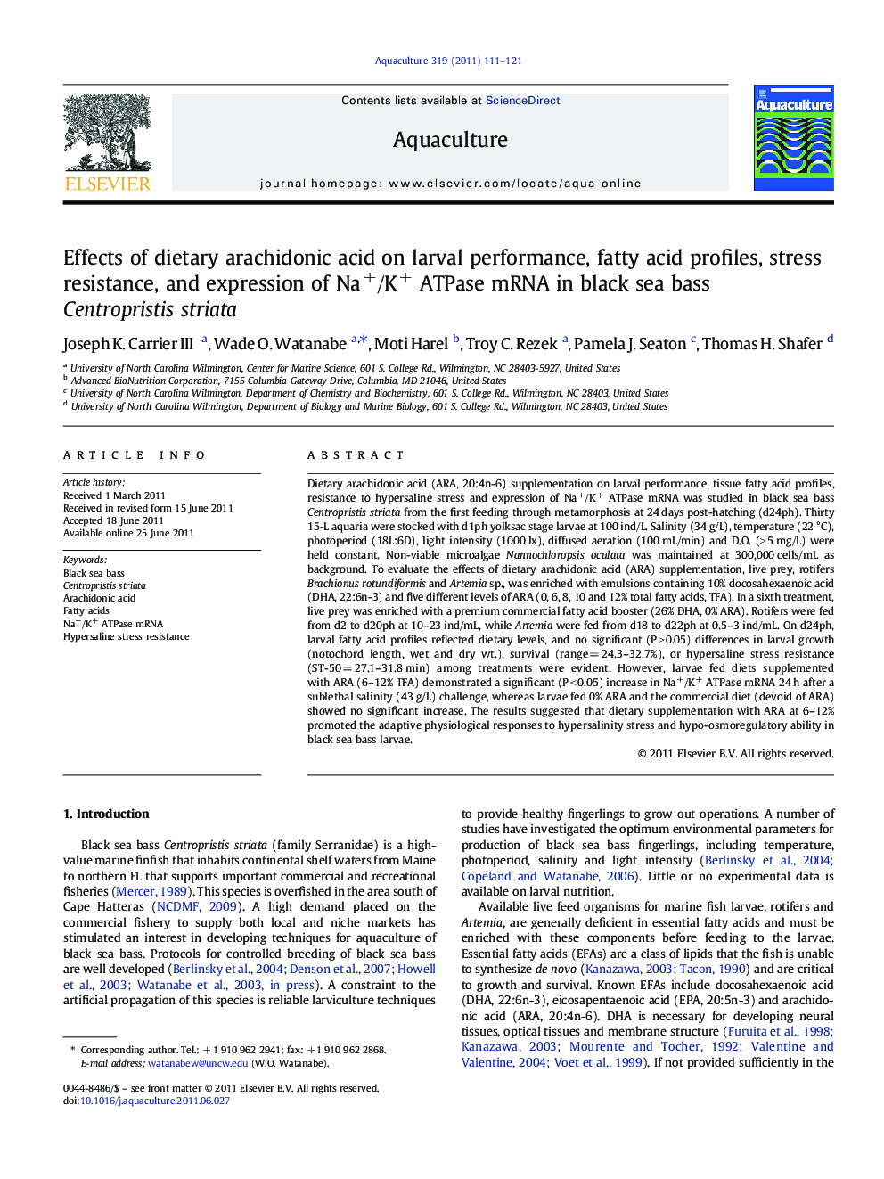 Effects of dietary arachidonic acid on larval performance, fatty acid profiles, stress resistance, and expression of Na+/K+ ATPase mRNA in black sea bass Centropristis striata