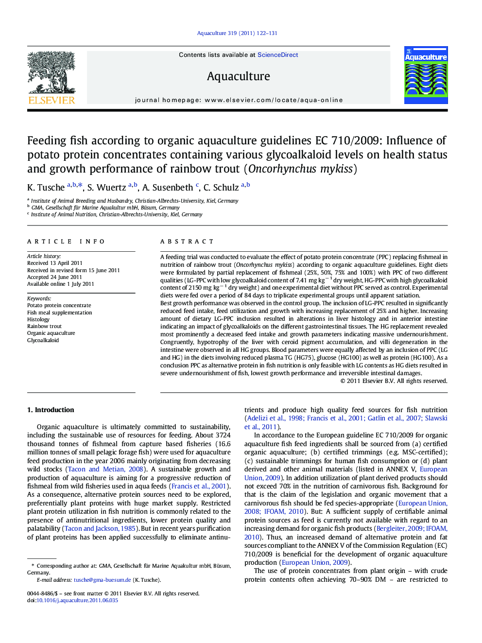 Feeding fish according to organic aquaculture guidelines EC 710/2009: Influence of potato protein concentrates containing various glycoalkaloid levels on health status and growth performance of rainbow trout (Oncorhynchus mykiss)