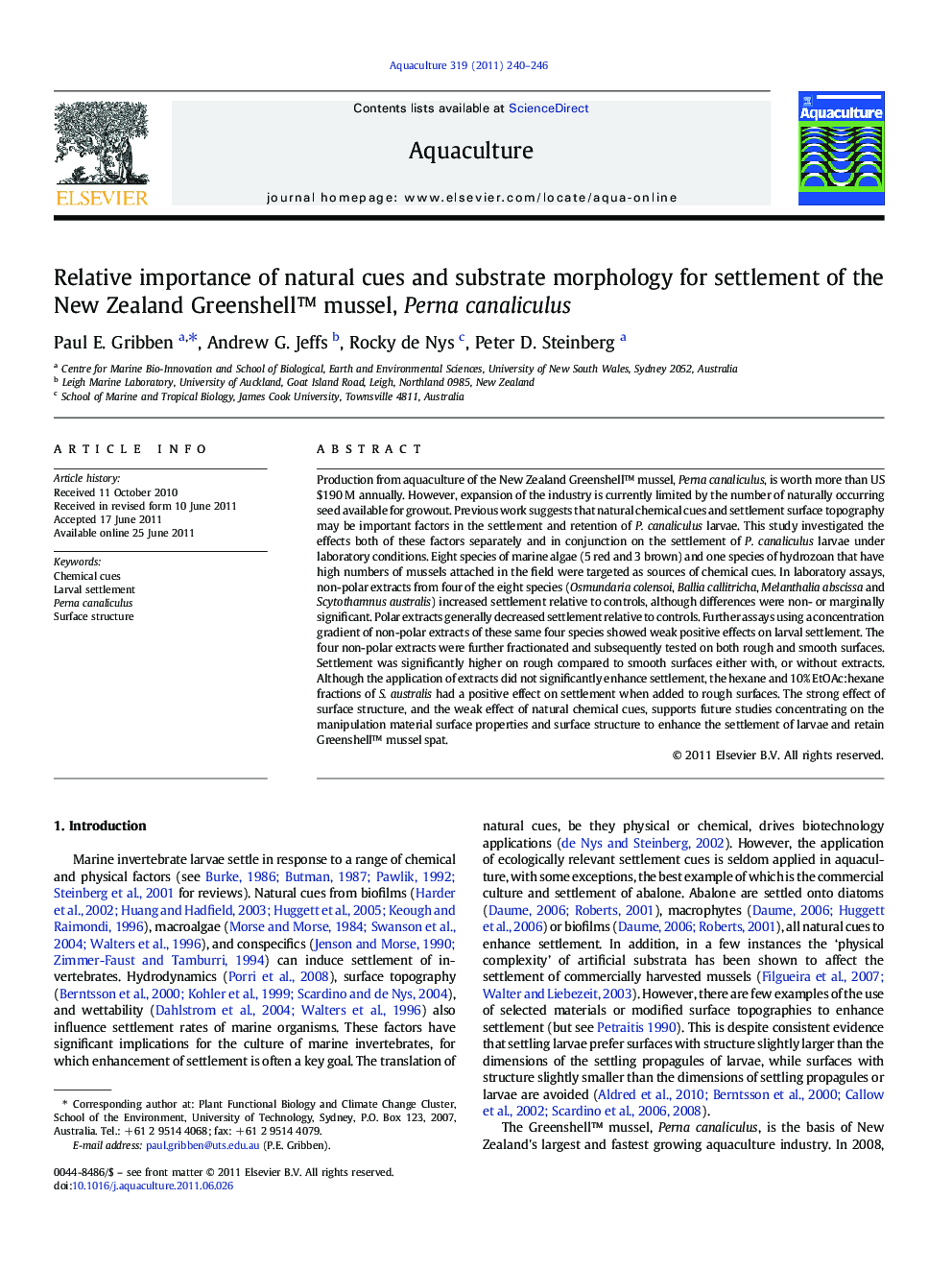 Relative importance of natural cues and substrate morphology for settlement of the New Zealand Greenshell™ mussel, Perna canaliculus