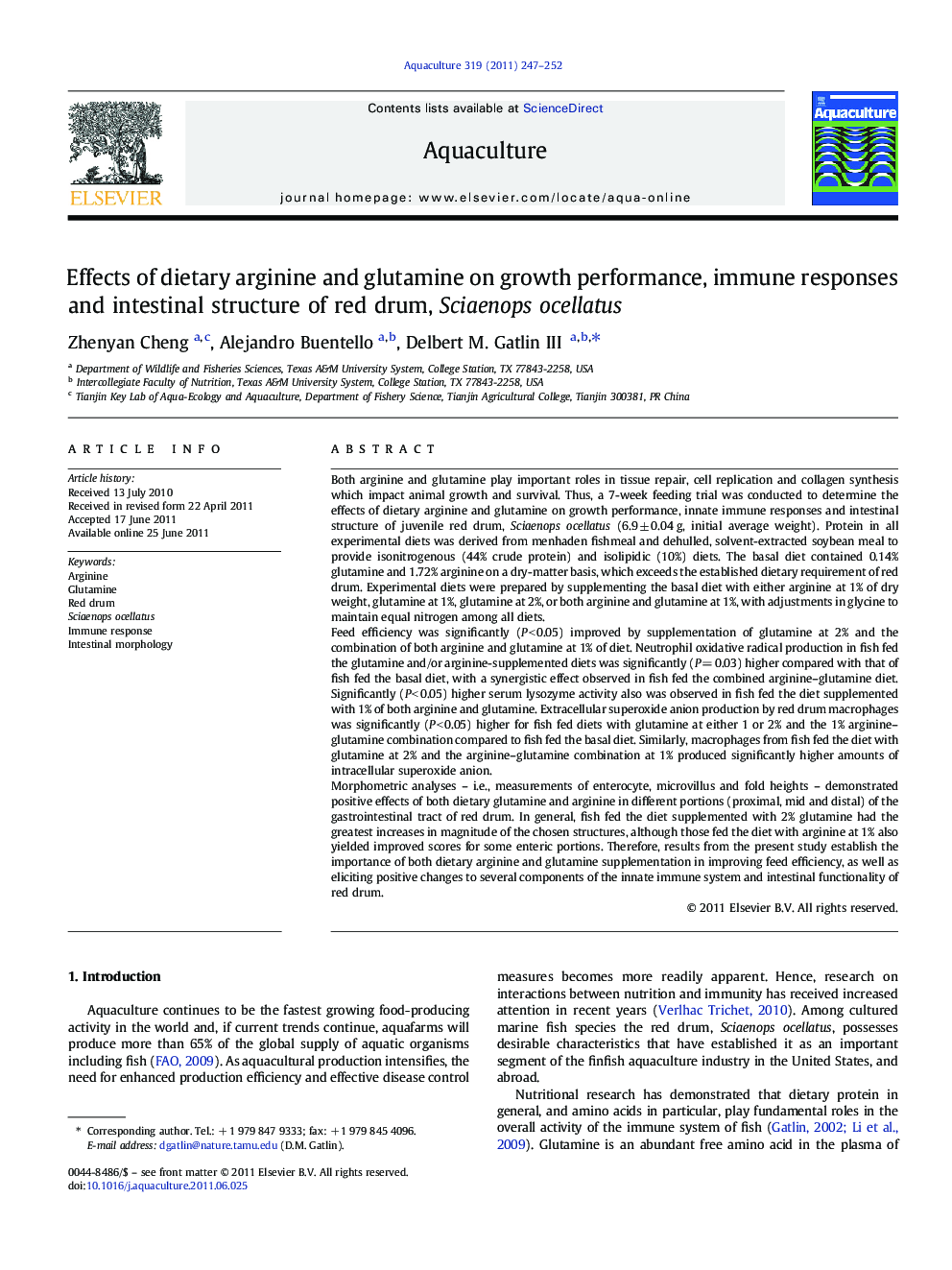 Effects of dietary arginine and glutamine on growth performance, immune responses and intestinal structure of red drum, Sciaenops ocellatus