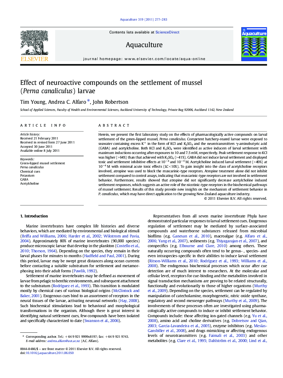 Effect of neuroactive compounds on the settlement of mussel (Perna canaliculus) larvae