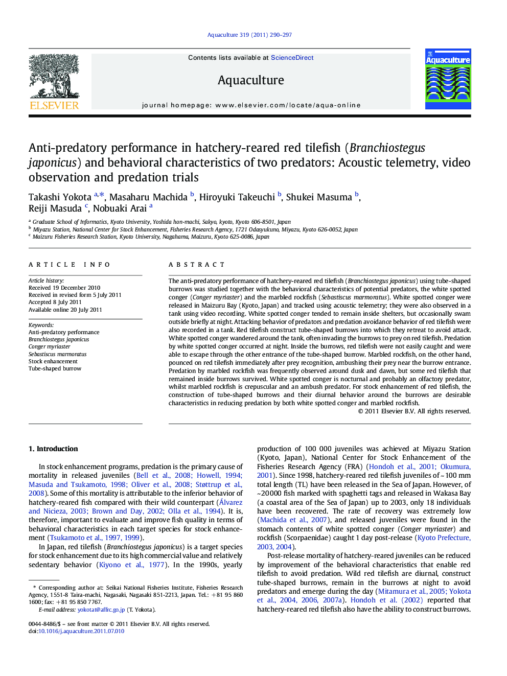 Anti-predatory performance in hatchery-reared red tilefish (Branchiostegus japonicus) and behavioral characteristics of two predators: Acoustic telemetry, video observation and predation trials