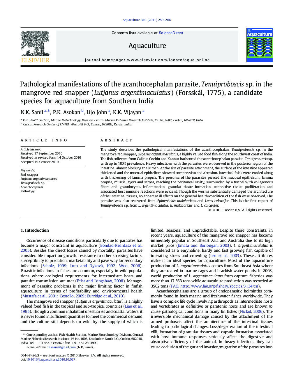 Pathological manifestations of the acanthocephalan parasite, Tenuiproboscis sp. in the mangrove red snapper (Lutjanus argentimaculatus) (Forsskål, 1775), a candidate species for aquaculture from Southern India