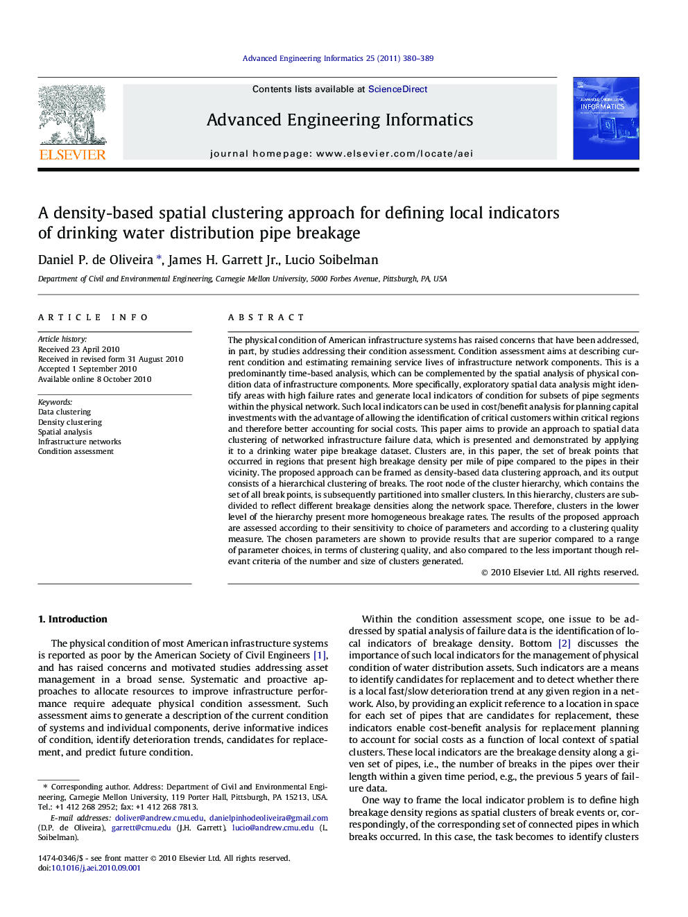 A density-based spatial clustering approach for defining local indicators of drinking water distribution pipe breakage