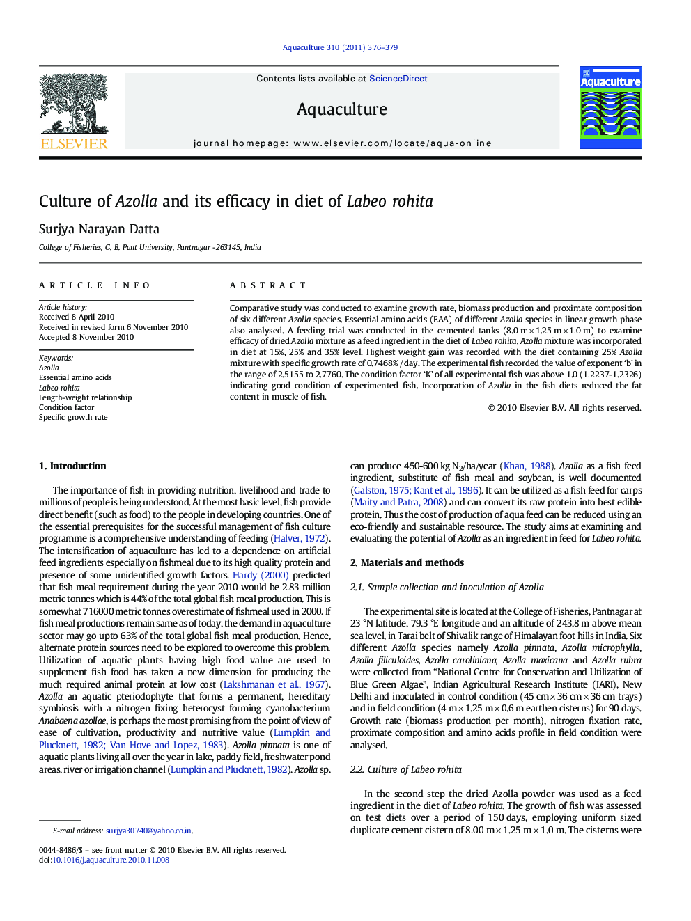 Culture of Azolla and its efficacy in diet of Labeo rohita