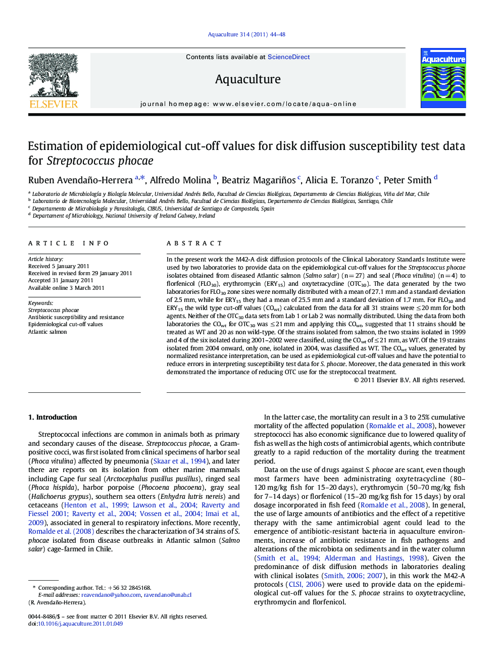 Estimation of epidemiological cut-off values for disk diffusion susceptibility test data for Streptococcus phocae