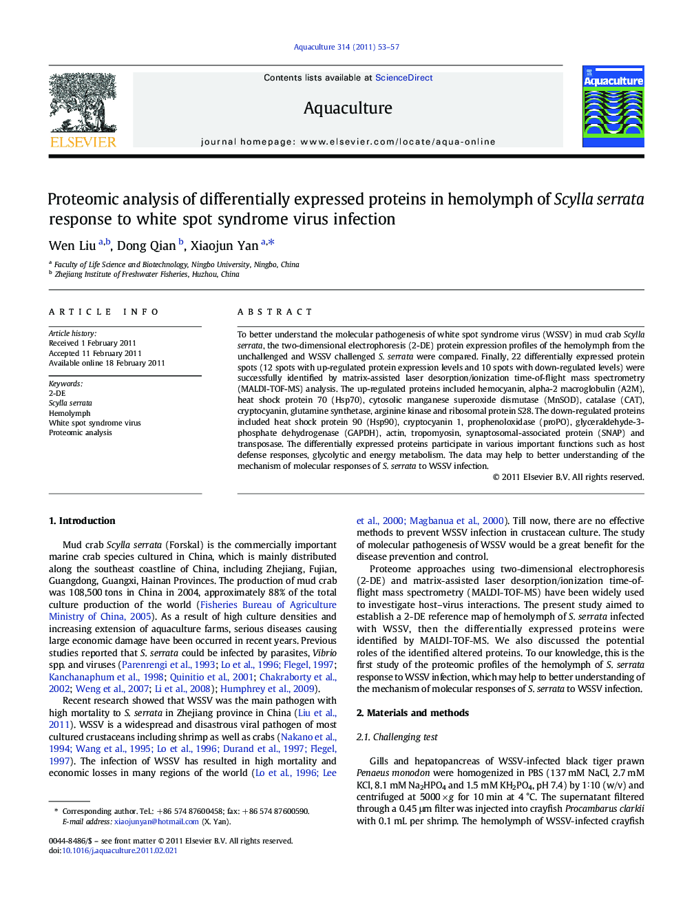 Proteomic analysis of differentially expressed proteins in hemolymph of Scylla serrata response to white spot syndrome virus infection