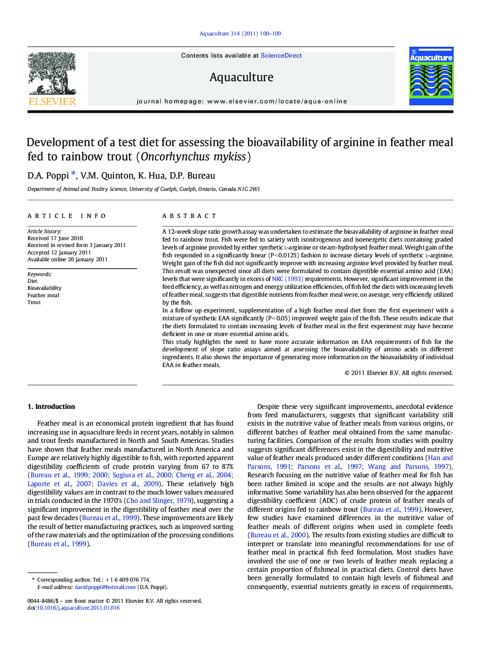 Development of a test diet for assessing the bioavailability of arginine in feather meal fed to rainbow trout (Oncorhynchus mykiss)