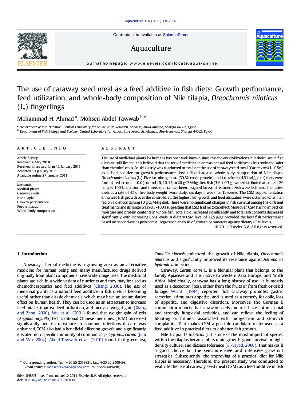 The use of caraway seed meal as a feed additive in fish diets: Growth performance, feed utilization, and whole-body composition of Nile tilapia, Oreochromis niloticus (L.) fingerlings