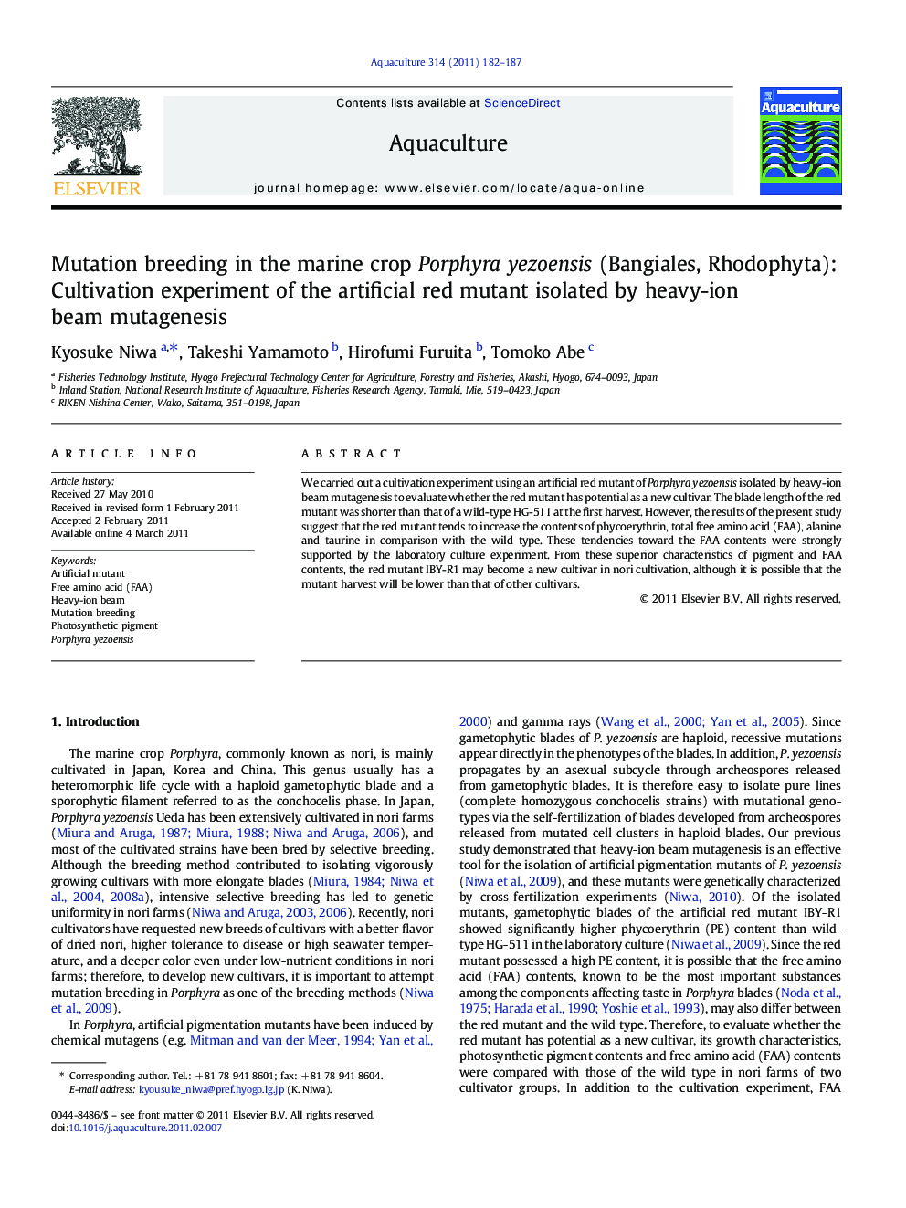 Mutation breeding in the marine crop Porphyra yezoensis (Bangiales, Rhodophyta): Cultivation experiment of the artificial red mutant isolated by heavy-ion beam mutagenesis