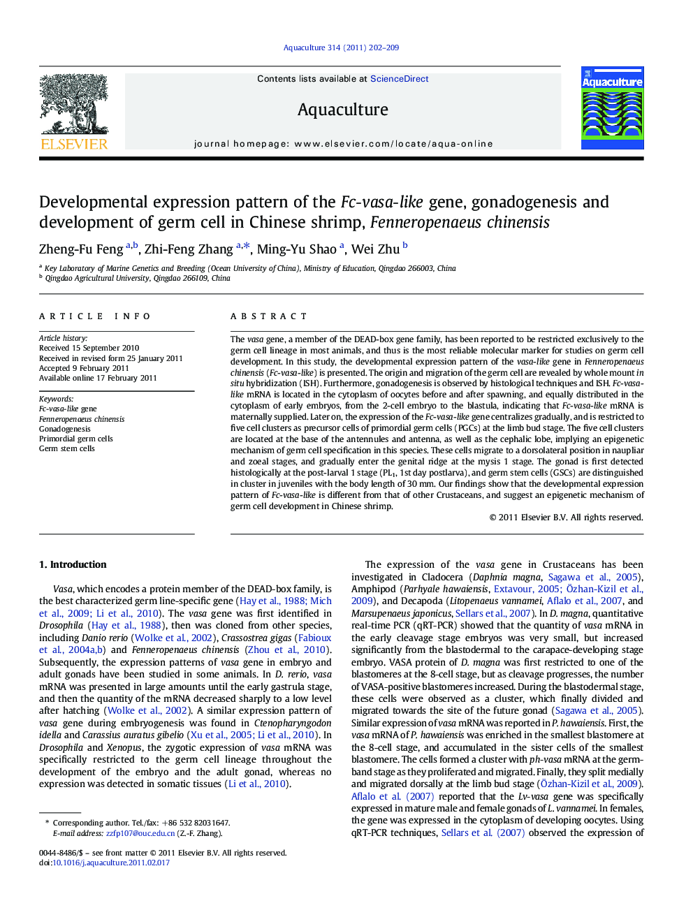 Developmental expression pattern of the Fc-vasa-like gene, gonadogenesis and development of germ cell in Chinese shrimp, Fenneropenaeus chinensis