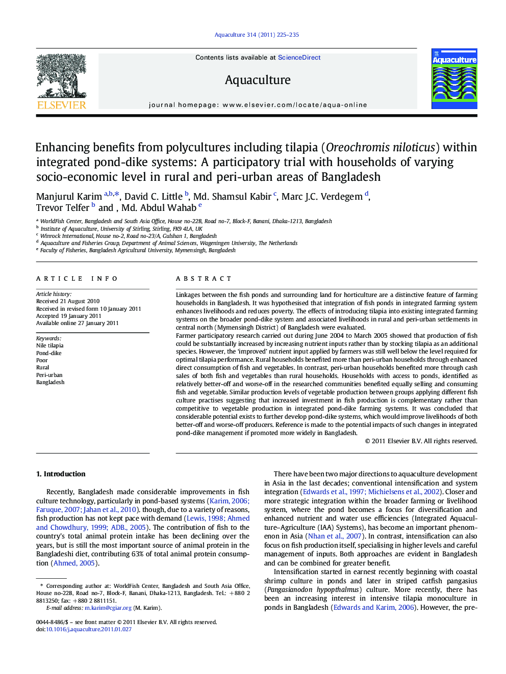 Enhancing benefits from polycultures including tilapia (Oreochromis niloticus) within integrated pond-dike systems: A participatory trial with households of varying socio-economic level in rural and peri-urban areas of Bangladesh