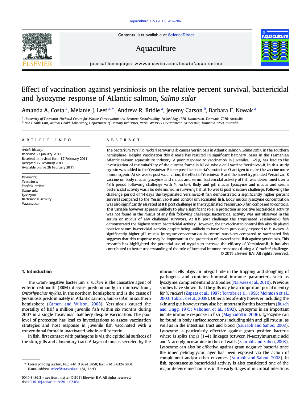 Effect of vaccination against yersiniosis on the relative percent survival, bactericidal and lysozyme response of Atlantic salmon, Salmo salar