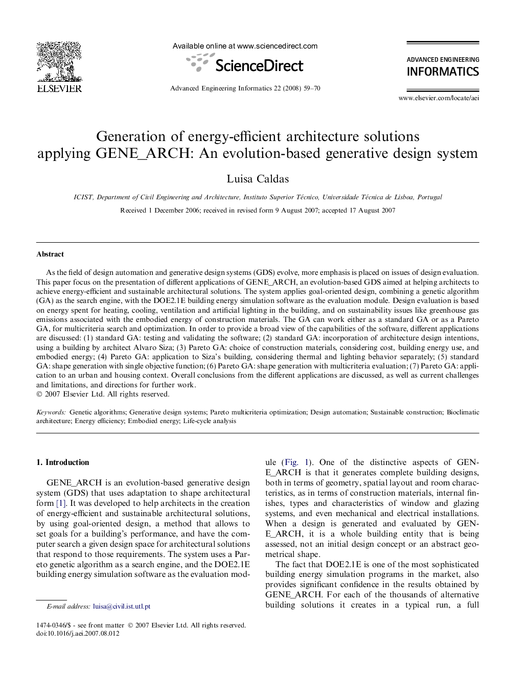 Generation of energy-efficient architecture solutions applying GENE_ARCH: An evolution-based generative design system