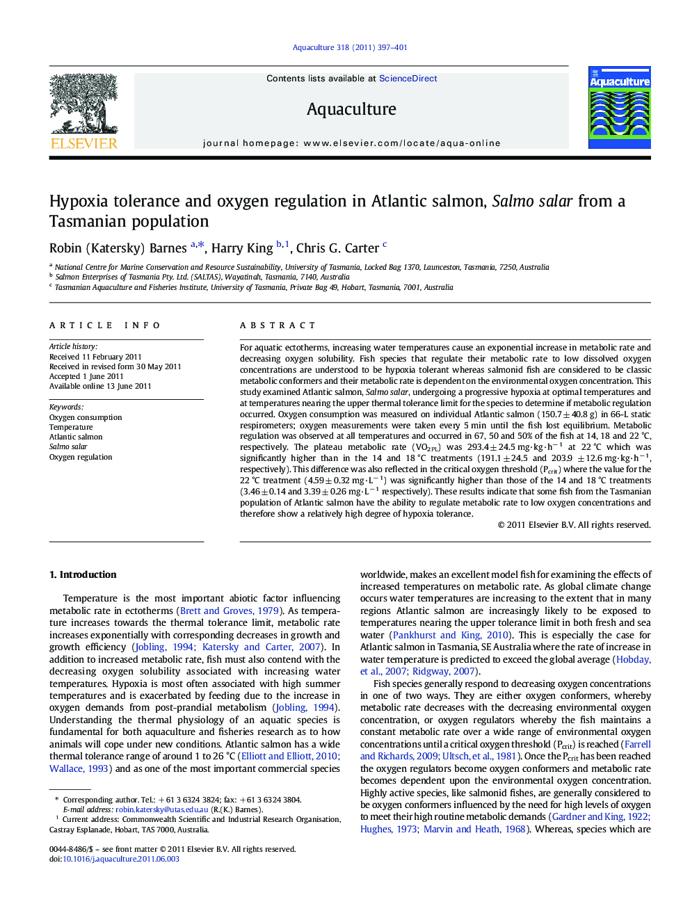 Hypoxia tolerance and oxygen regulation in Atlantic salmon, Salmo salar from a Tasmanian population