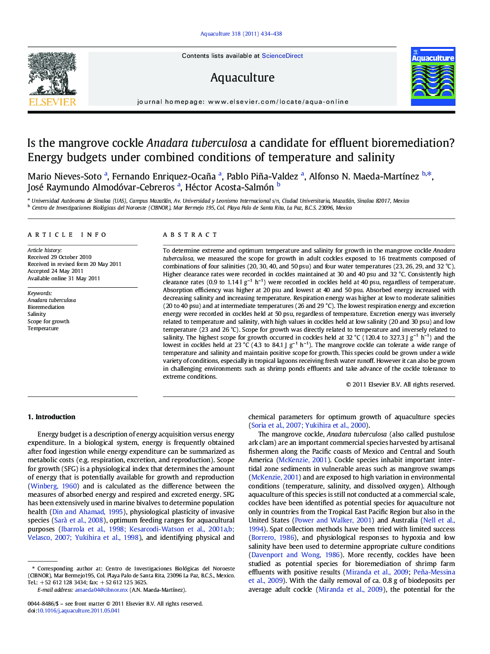 Is the mangrove cockle Anadara tuberculosa a candidate for effluent bioremediation? Energy budgets under combined conditions of temperature and salinity