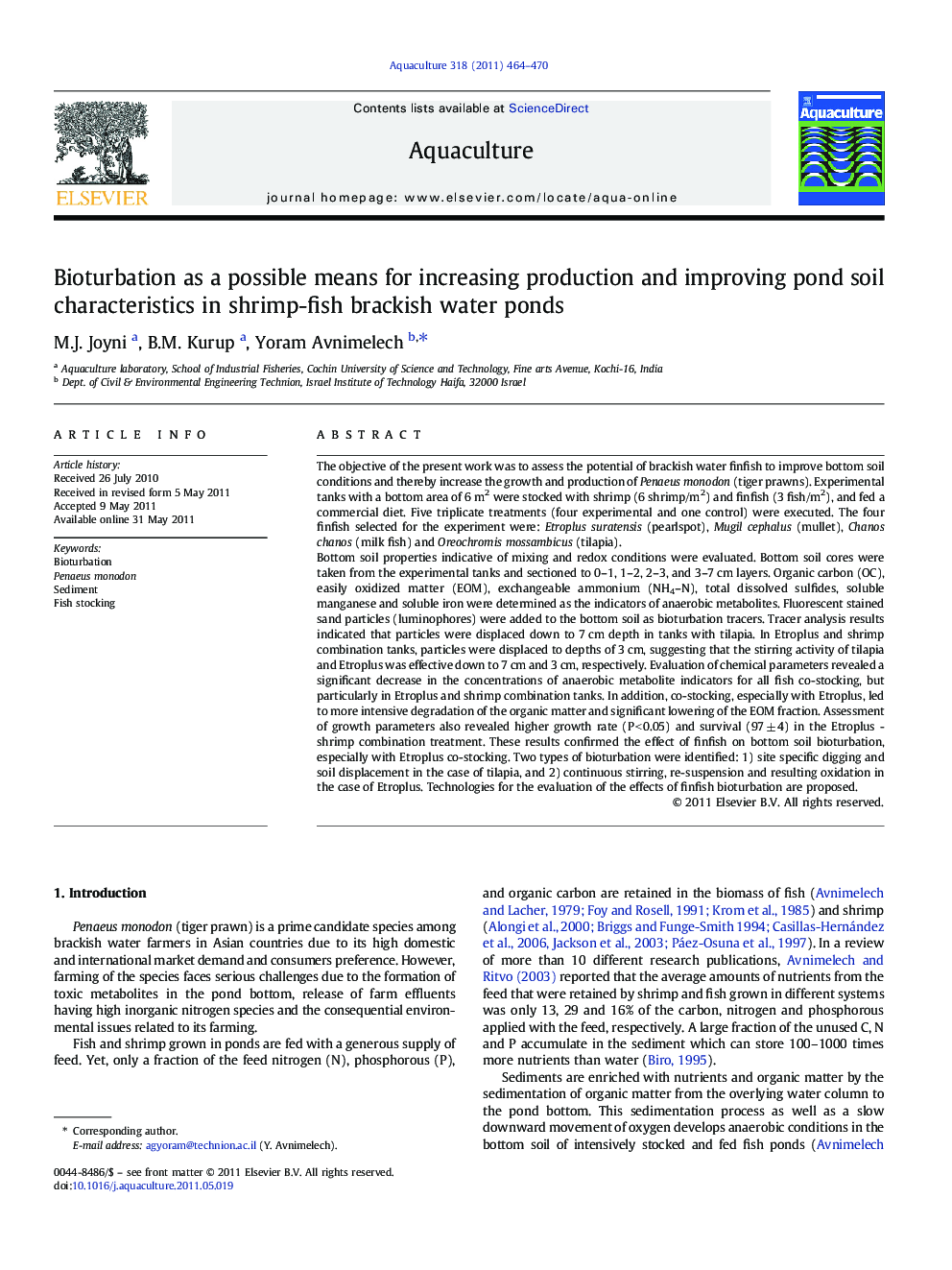 Bioturbation as a possible means for increasing production and improving pond soil characteristics in shrimp-fish brackish water ponds