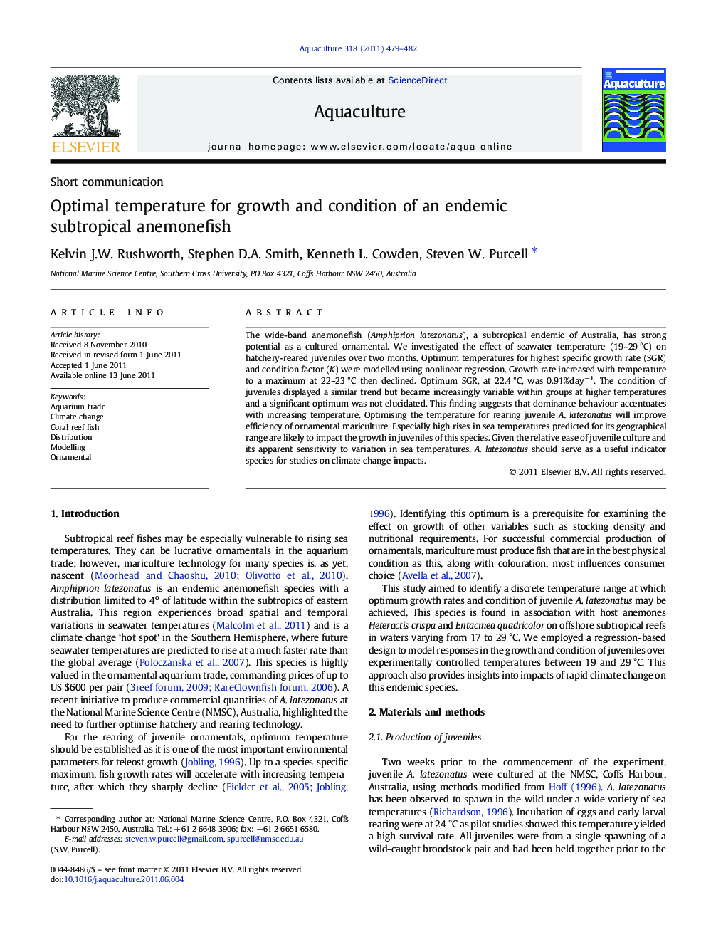 Optimal temperature for growth and condition of an endemic subtropical anemonefish