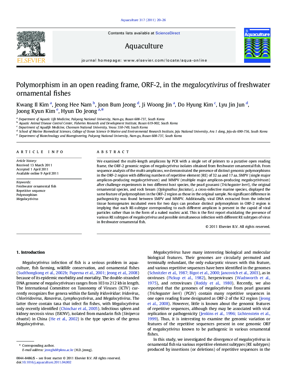 Polymorphism in an open reading frame, ORF-2, in the megalocytivirus of freshwater ornamental fishes