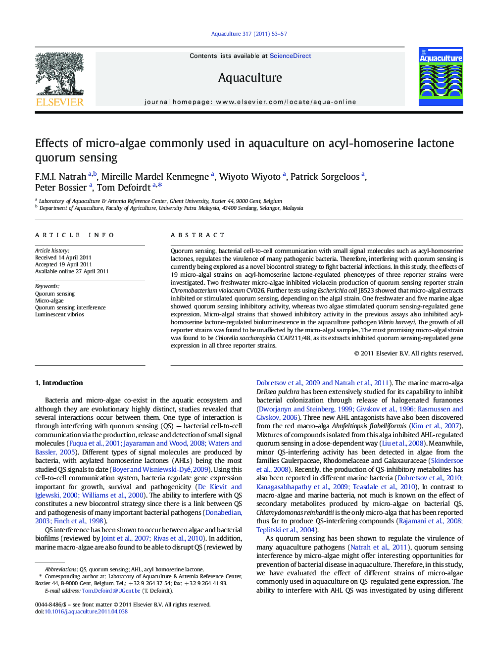 Effects of micro-algae commonly used in aquaculture on acyl-homoserine lactone quorum sensing