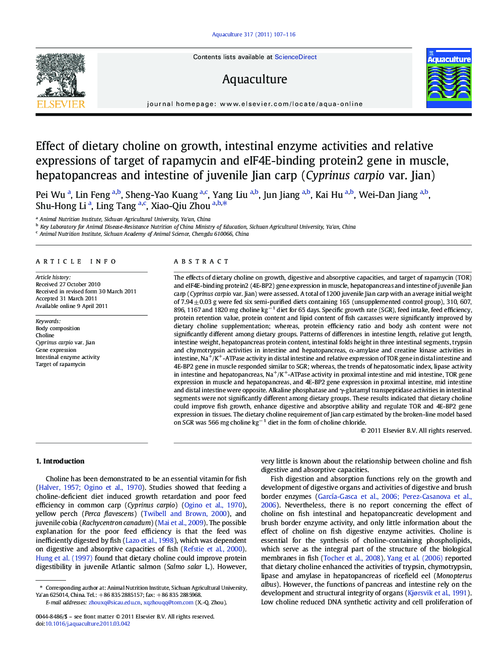 Effect of dietary choline on growth, intestinal enzyme activities and relative expressions of target of rapamycin and eIF4E-binding protein2 gene in muscle, hepatopancreas and intestine of juvenile Jian carp (Cyprinus carpio var. Jian)