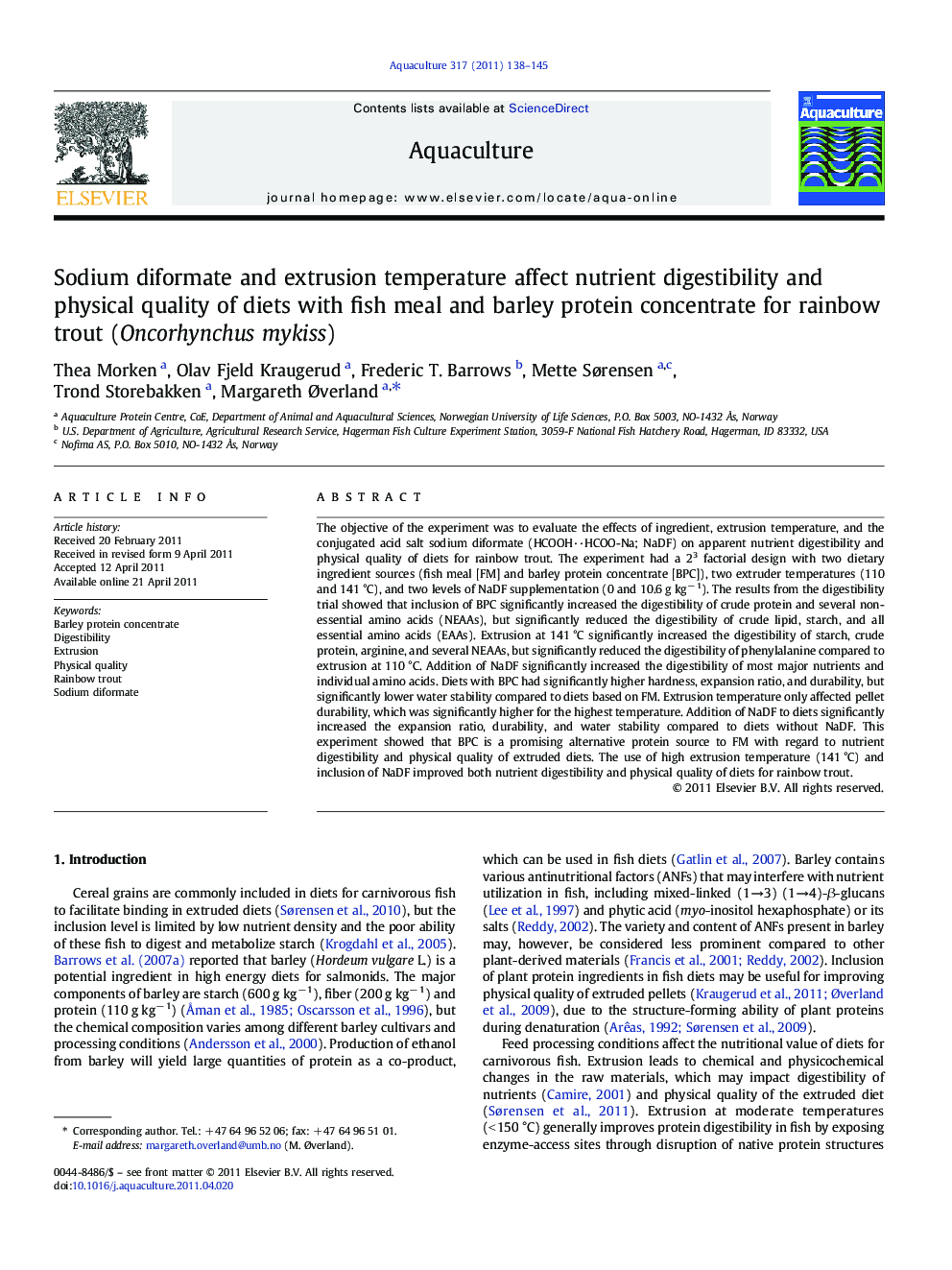 Sodium diformate and extrusion temperature affect nutrient digestibility and physical quality of diets with fish meal and barley protein concentrate for rainbow trout (Oncorhynchus mykiss)