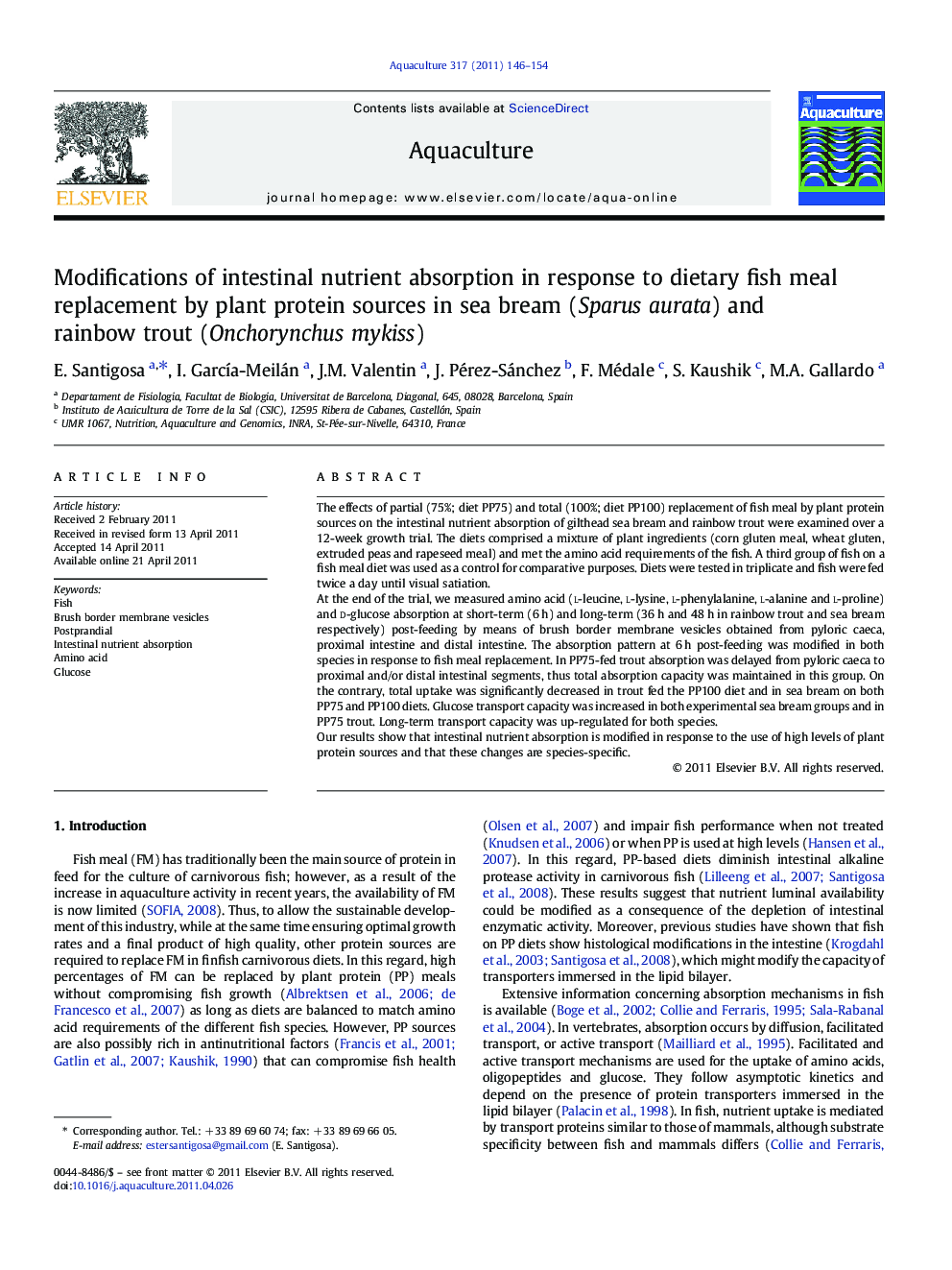 Modifications of intestinal nutrient absorption in response to dietary fish meal replacement by plant protein sources in sea bream (Sparus aurata) and rainbow trout (Onchorynchus mykiss)