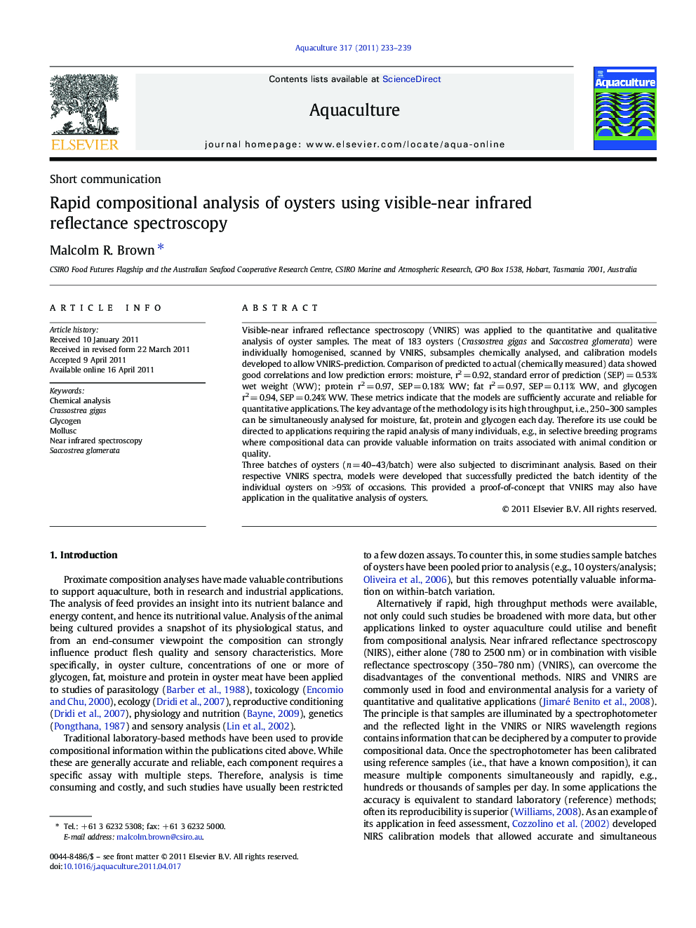 Rapid compositional analysis of oysters using visible-near infrared reflectance spectroscopy