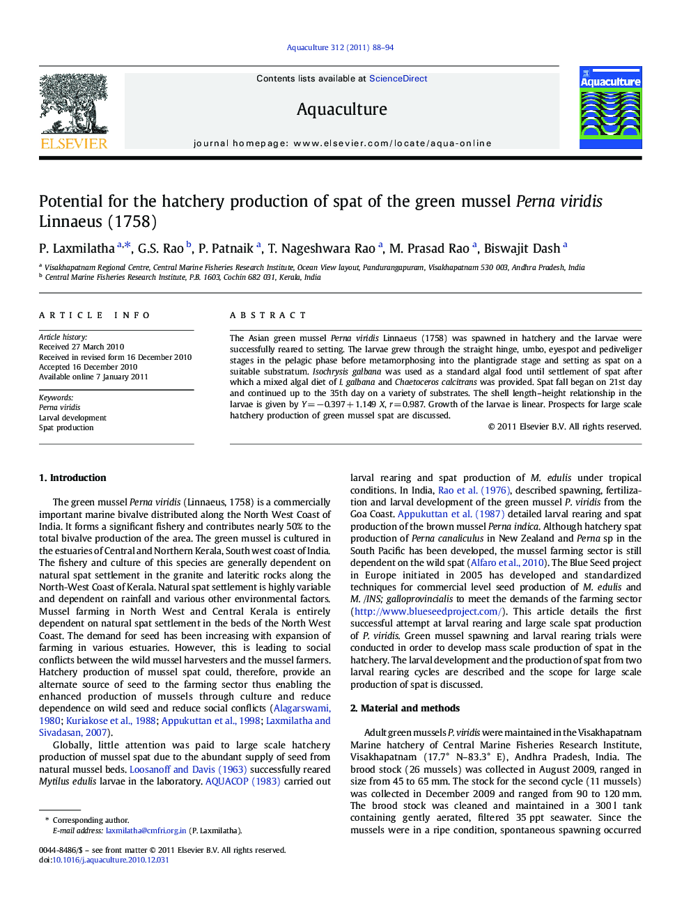 Potential for the hatchery production of spat of the green mussel Perna viridis Linnaeus (1758)