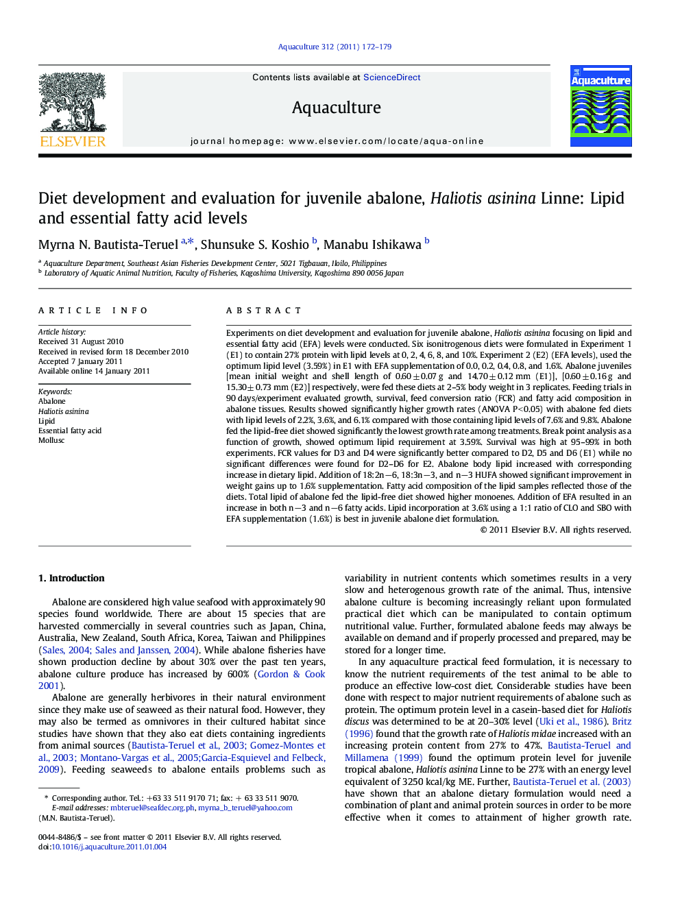 Diet development and evaluation for juvenile abalone, Haliotis asinina Linne: Lipid and essential fatty acid levels