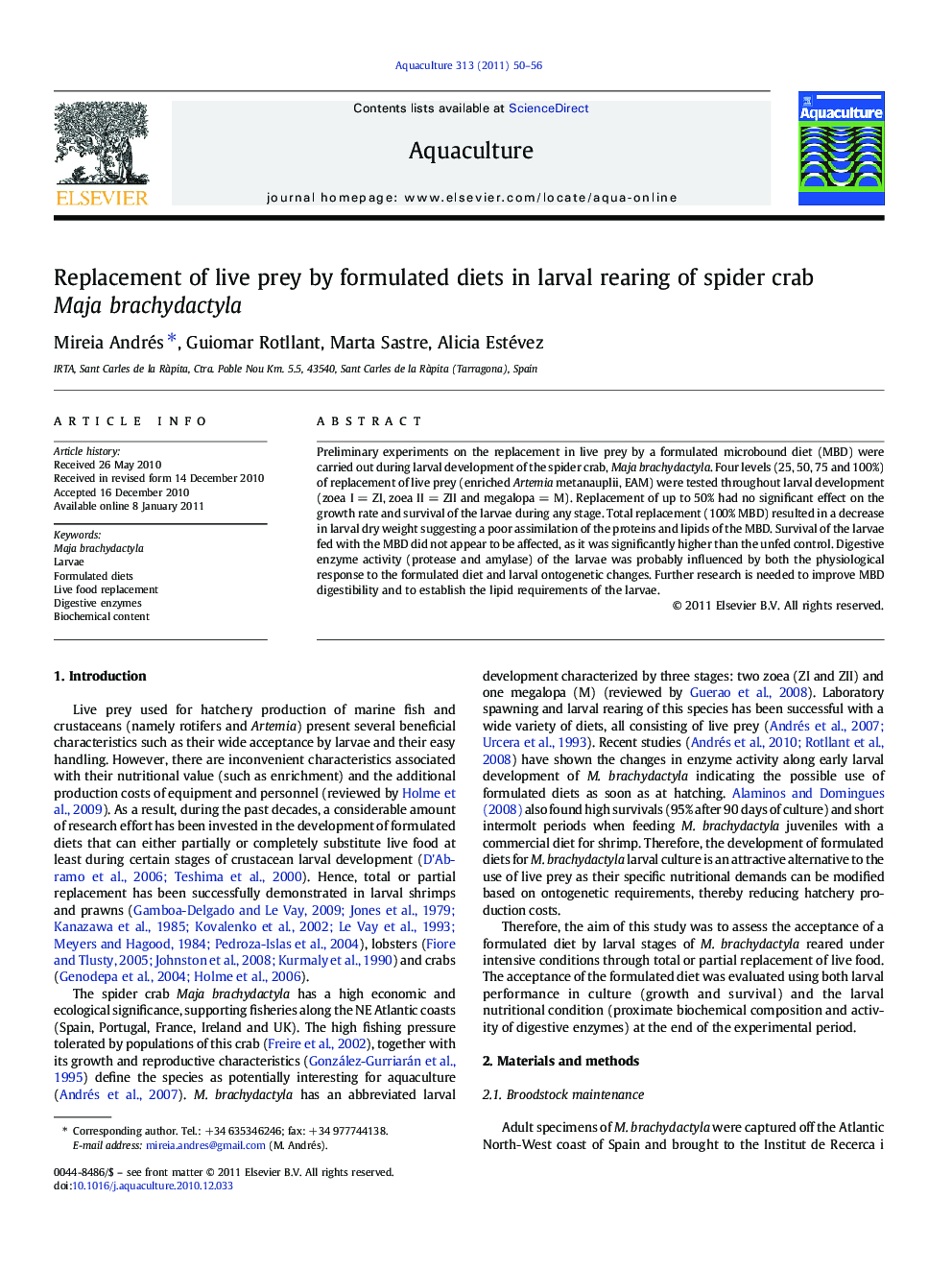 Replacement of live prey by formulated diets in larval rearing of spider crab Maja brachydactyla