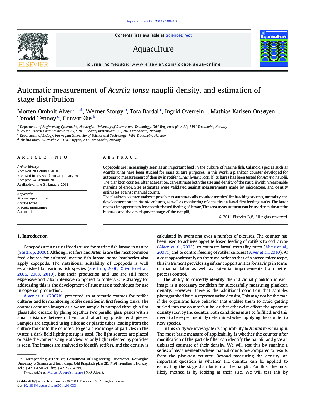 Automatic measurement of Acartia tonsa nauplii density, and estimation of stage distribution