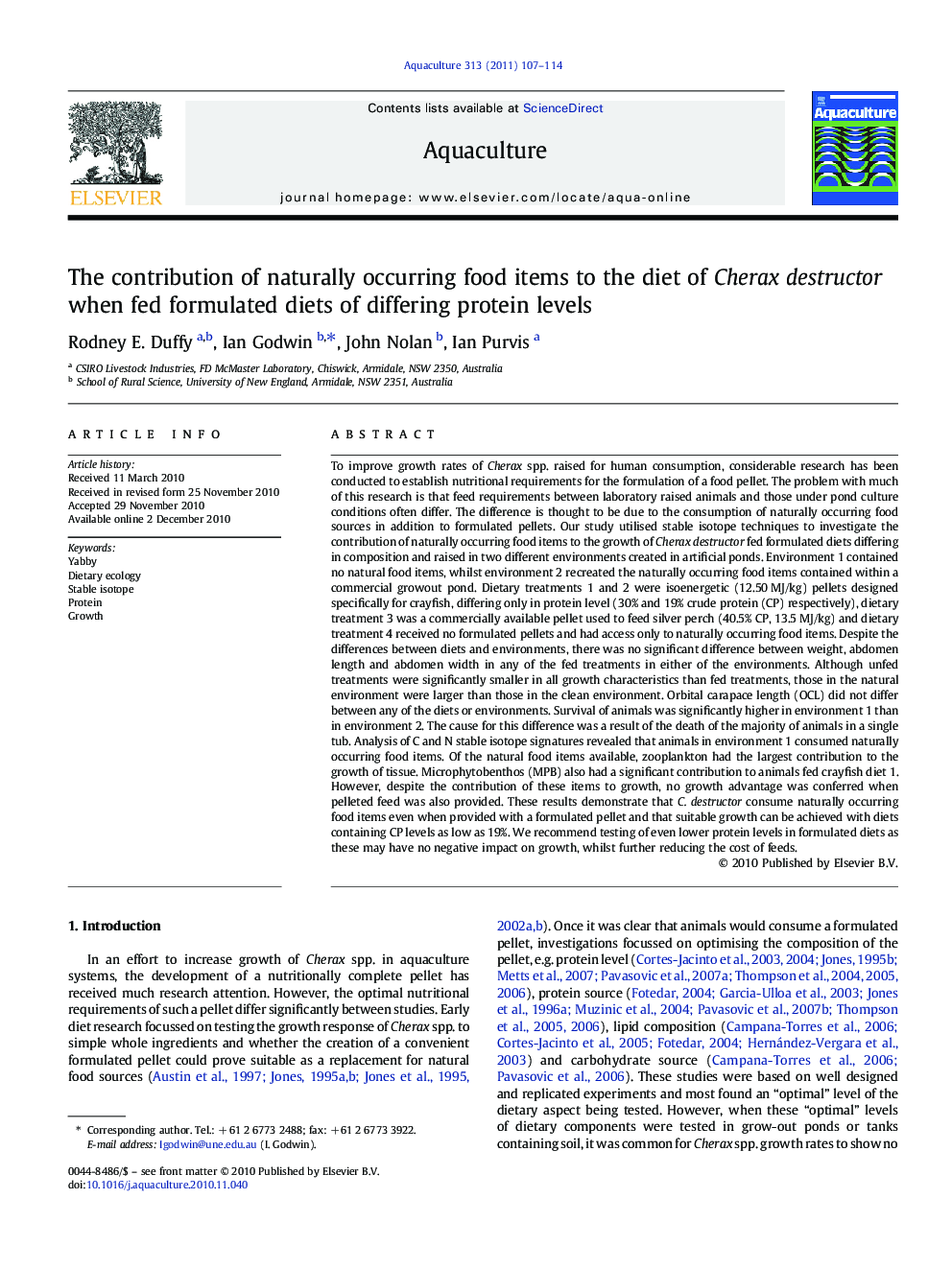 The contribution of naturally occurring food items to the diet of Cherax destructor when fed formulated diets of differing protein levels